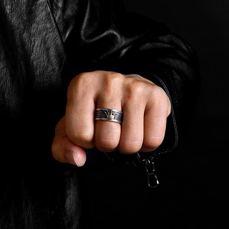 Adjustable Open Ring Men Women Vintage Crown Design Sterling Geometric Statement Jewelry