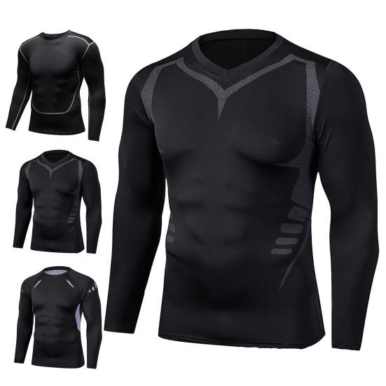 Sports T-shirt Contrast Color Sweat-absorbent Men Stretchy Quick Dry Skinny T-shirt Pullover for Fitness