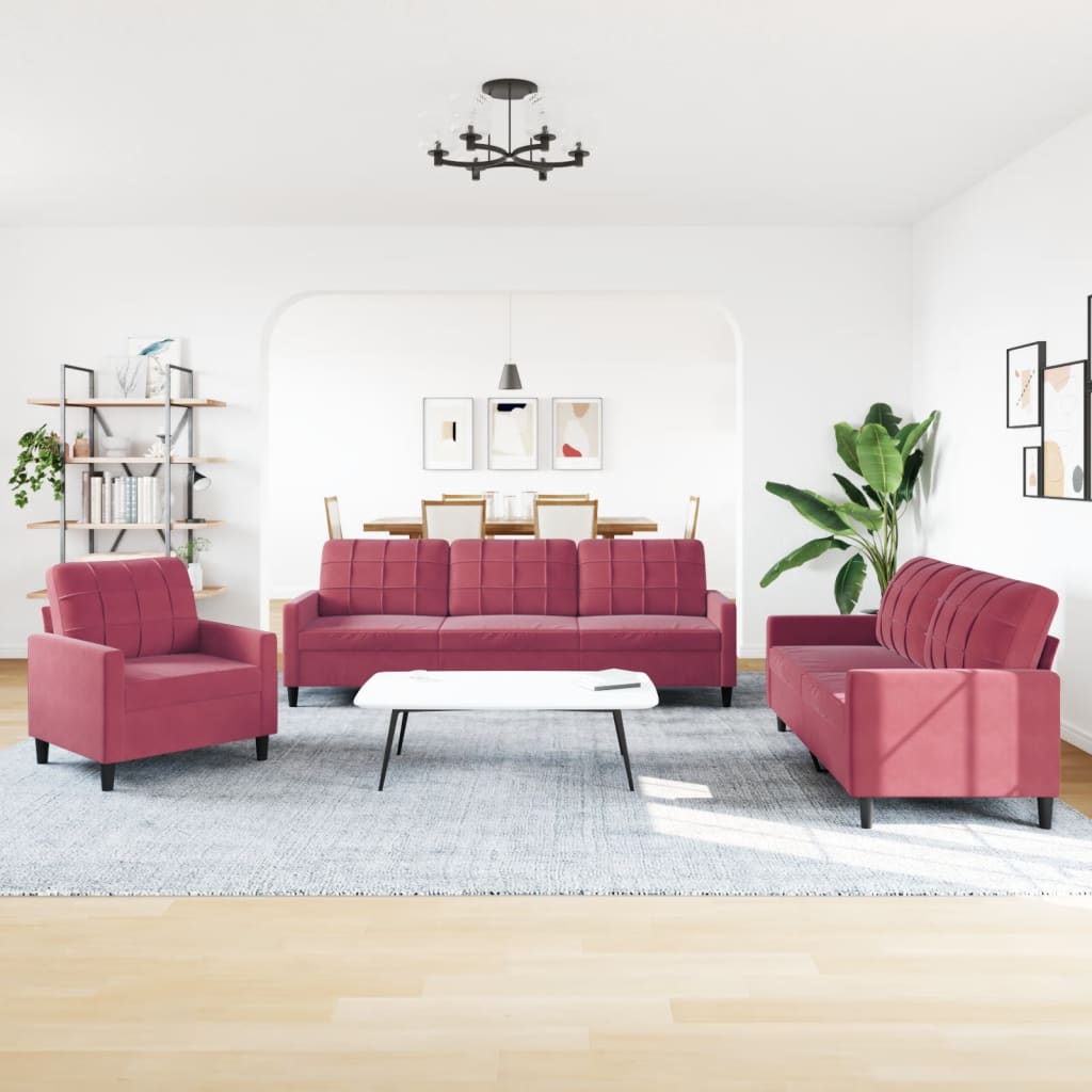 3 Piece Sofa Set with Cushions Burgundy Velvet