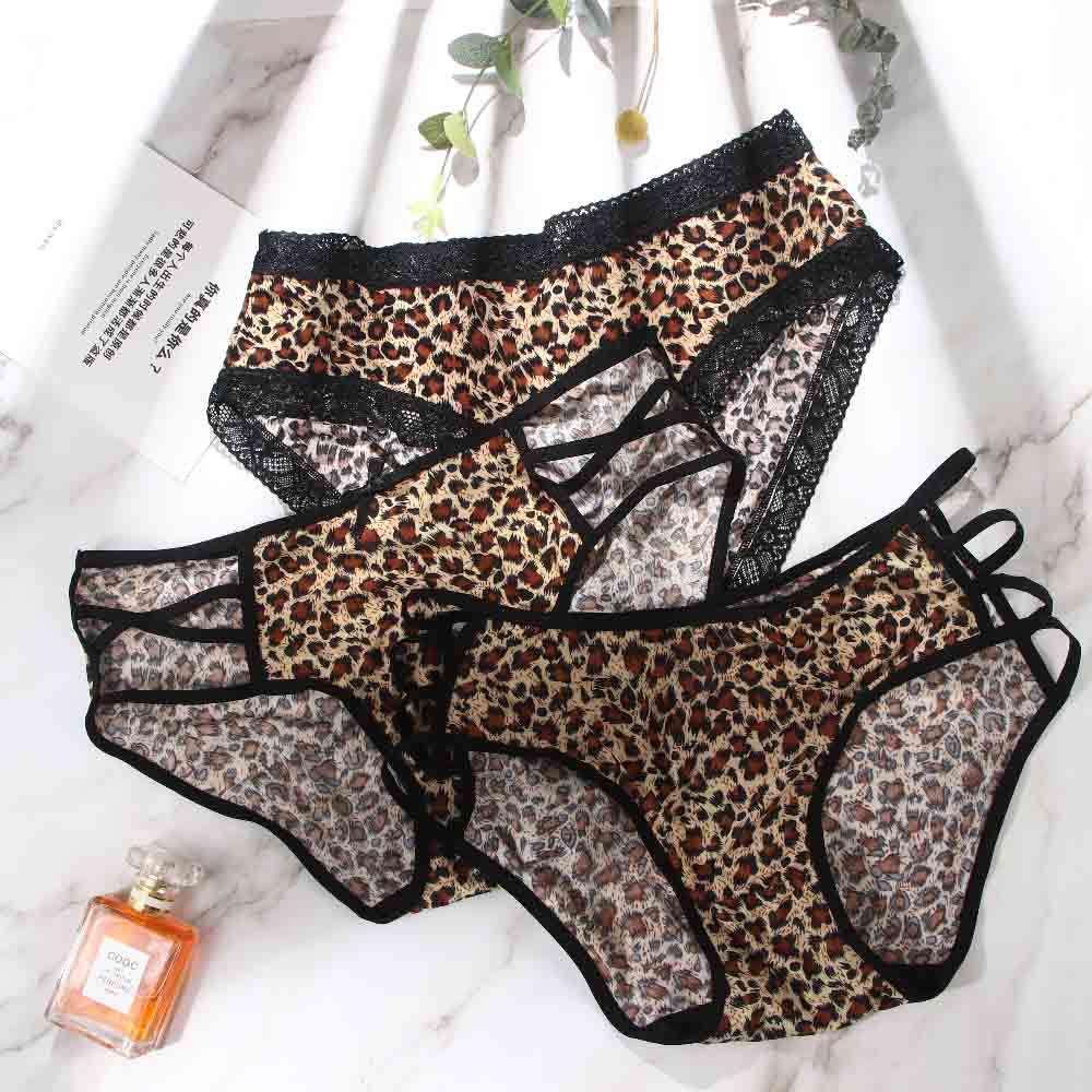 Women Leopard Bownot Transparent Briefs Underwear Lace Thongs Leopard Panties