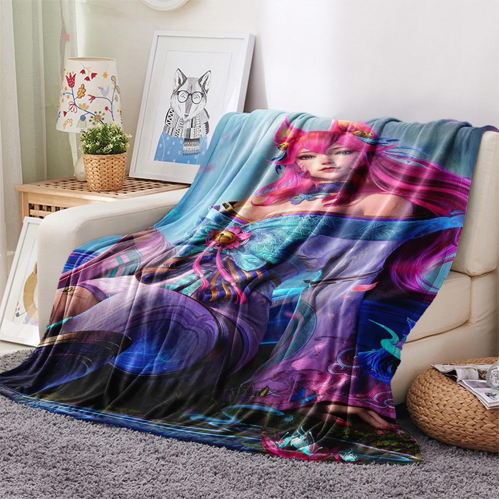 1Pc KDA Ahri Print Flannel Blanket, High Quality Comfortable for All Seasons, Home Decor, Warmth and Comfort, Perfect for Gifts