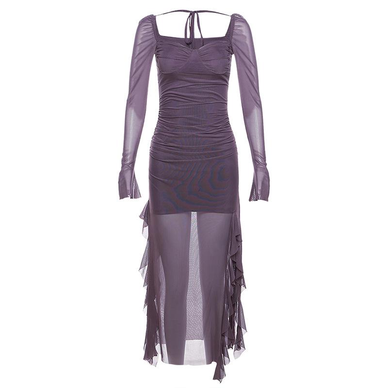 

2024 European & American Style Women s Mesh Ruffle Square Neck Long-Sleeve Dress for Fall & Winter Small фіолетовий