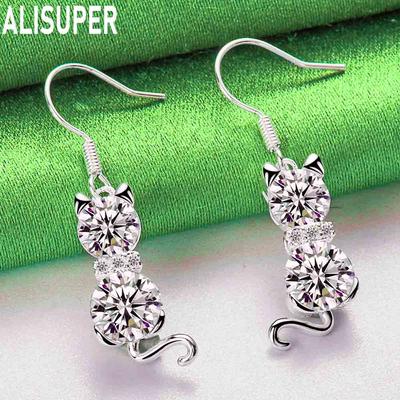 925 Sterling Silver Cat AAA Zircon Pendant Piercing Earrings Fashion Charm Wedding Jewelry