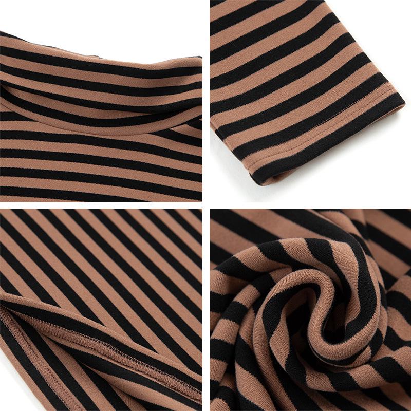 Women's Plush Striped High-Neck Base Layer Top - Long Sleeve, Plus Size, for Autumn/Winter, Middle-Aged Mom, Thick Velvet Inner Layer.
