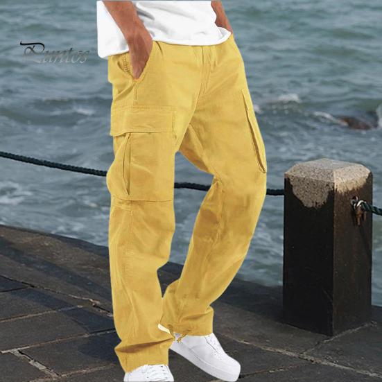 Erkek Kargo Pantolon Çok Cepli Bağcıklı Elastik Bel Ayarlanabilir Bacak Büyük Beden Bol Düz Renk Spor Salonu Açık Hava Uzun Harem Pantolon