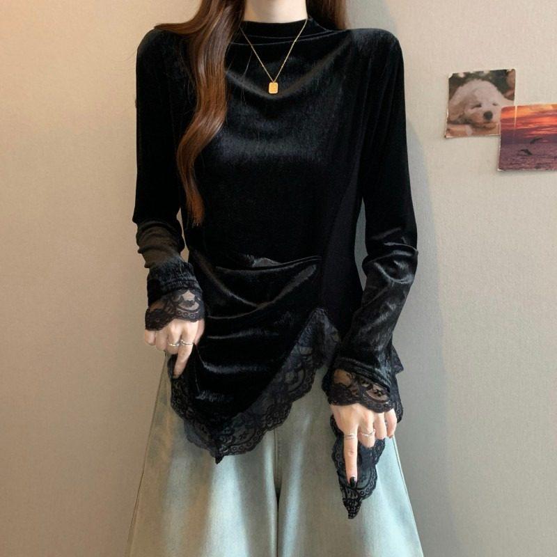Women's Gold Velvet Slim-Fit Lace Top: Irregular, Long Sleeve, Half-High Collar, for Autumn and Winter.