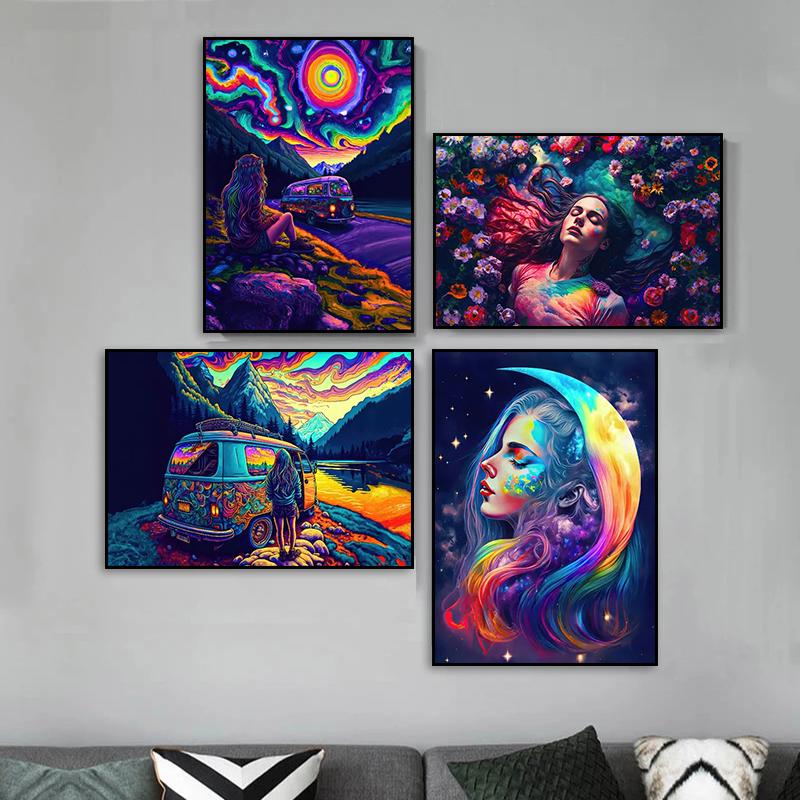 Abstract Colorful Rainbow Goddess Lotus Posters and Prints Figures Canvas Painting Wall Art Pictures for Room Home Decoration