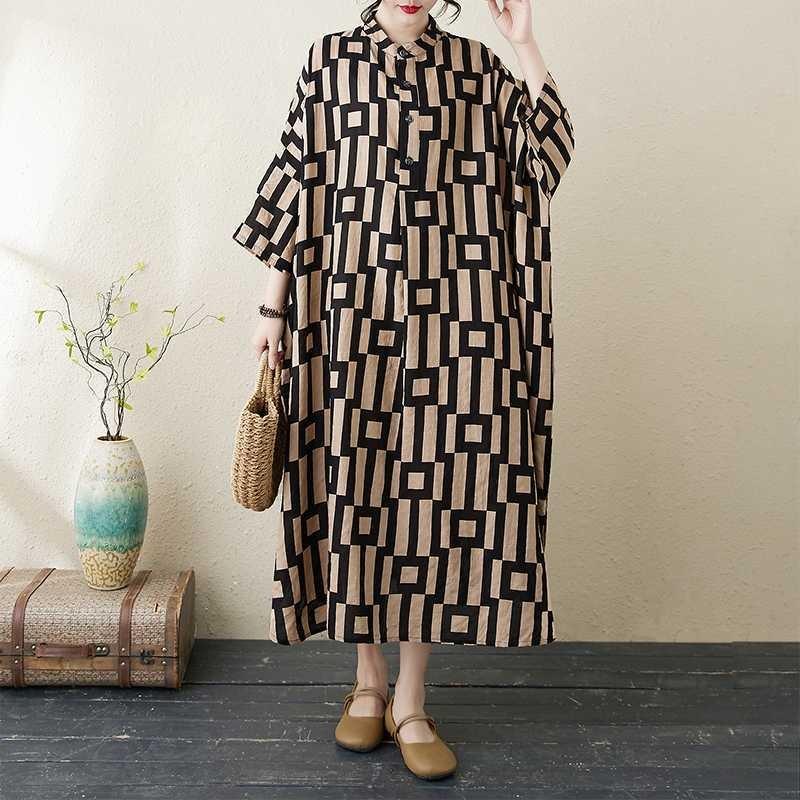 2025 Printed Stand Neck Loose Extra-Large Size Vacation Dress