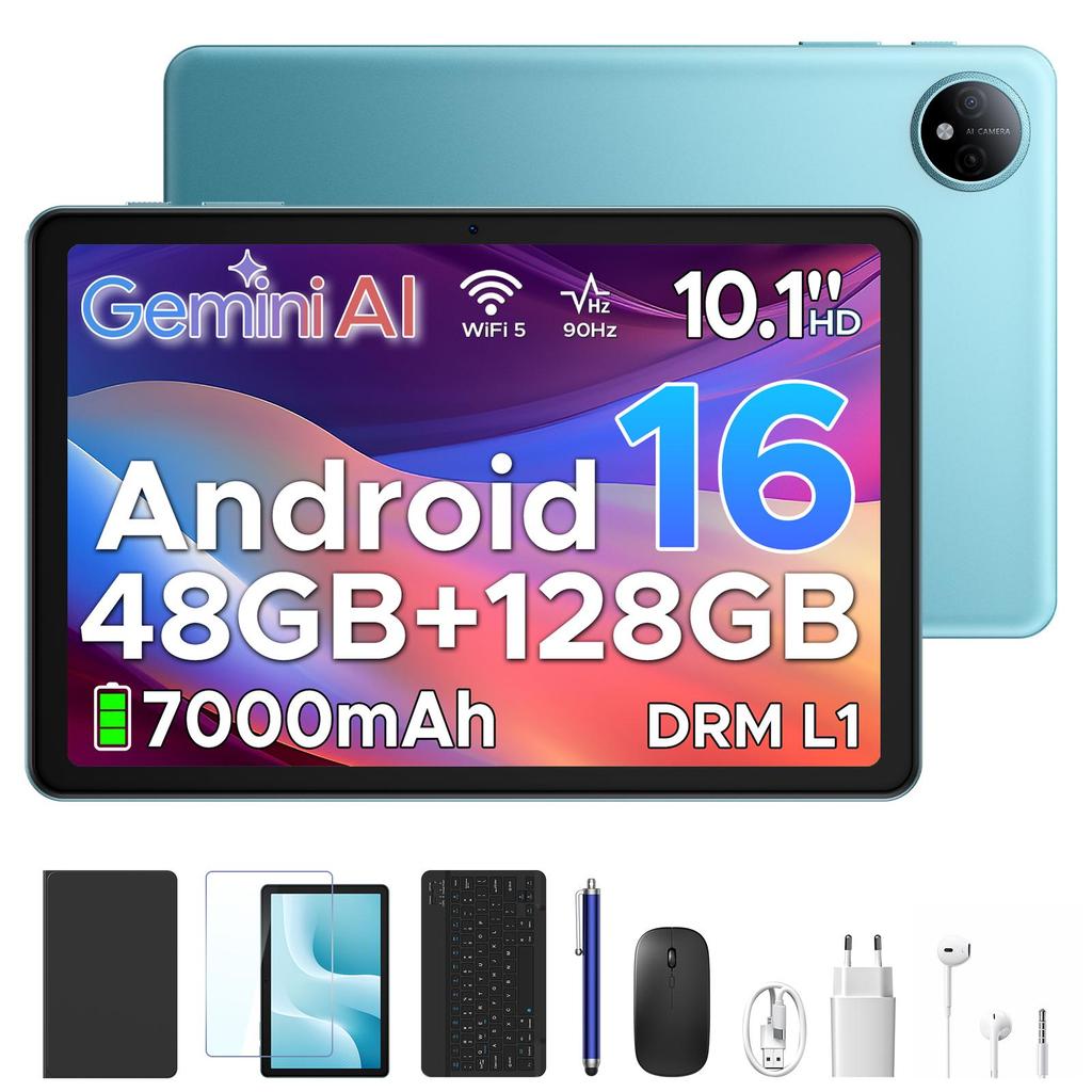 AP10 10.1 inch, 48GB RAM+128GB ROM,  Android 16 Tablet with Gemini AI, 7000mAh, 90Hz, Dual Speakers, Headphone, Tablet with Keyboard, Pen, Case
