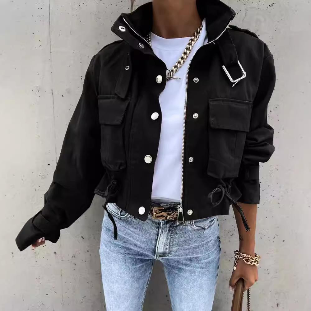 Cross-border foreign trade 2025 Amazon autumn and winter new women's clothing button zipper polo collar printed short casual coat