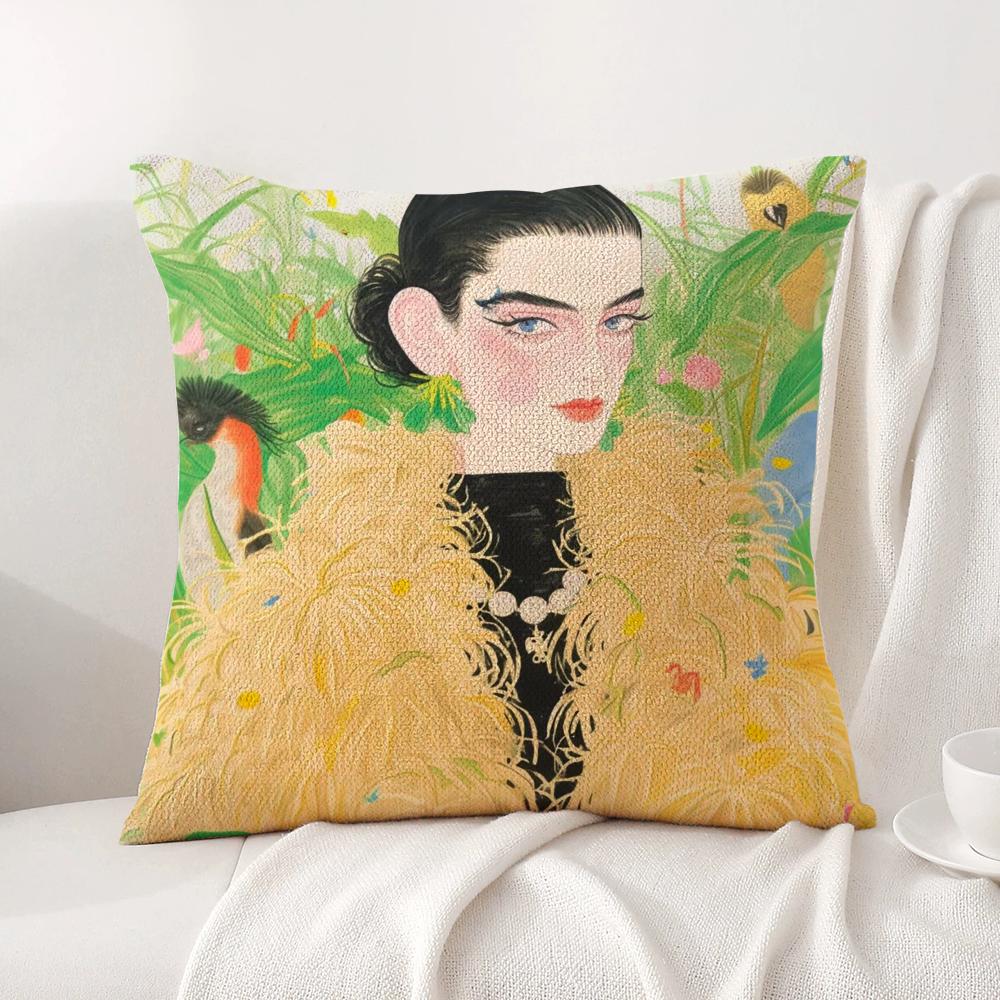 Fashion Illustration Cushion Cover Natural Linen Organic Fabric DoubleSided Printing Sofa Home Decor Breathable Bed Pillow