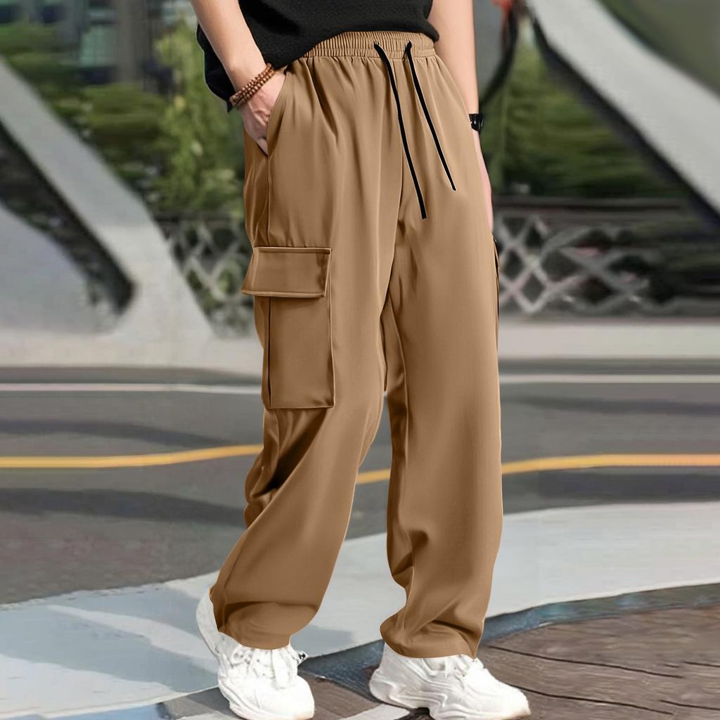 Men's Loose Casual Multi-pocket Work Pants, Youth Stretch Waist Drawstring  Pants