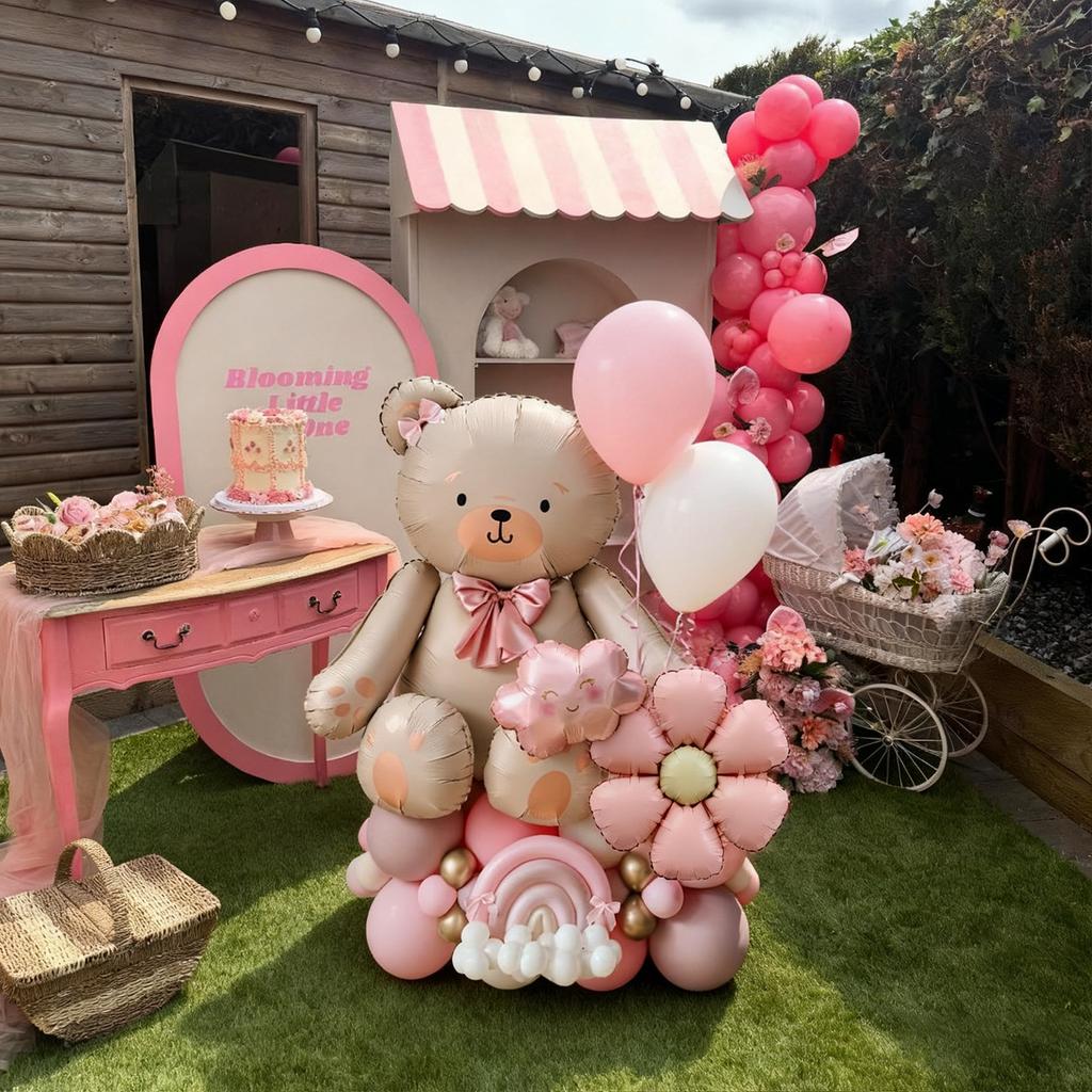 Bow Bear Balloon Set with Pink Daisy Balloon Cloud Aluminum Film Balloon for Birthday Party Shower Proposal Wedding Decoration