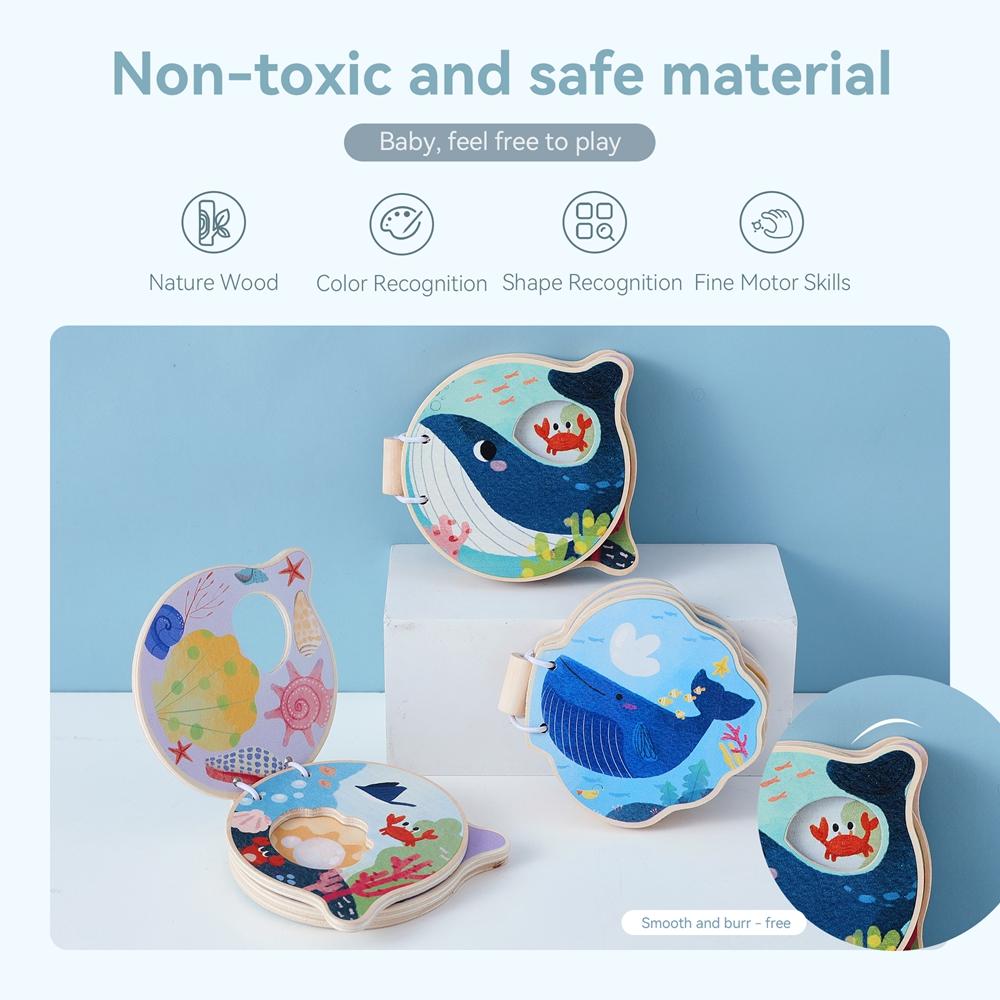 Montessori Baby Wooden Book Early Educational Toys Enlightenment Readings Marine Animals Illustration Cognitive Book for Toddler