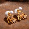 French Pearl Earrings, Full Diamond Letter Studs, Classic Statement Earrings, Luxury Jewelry
