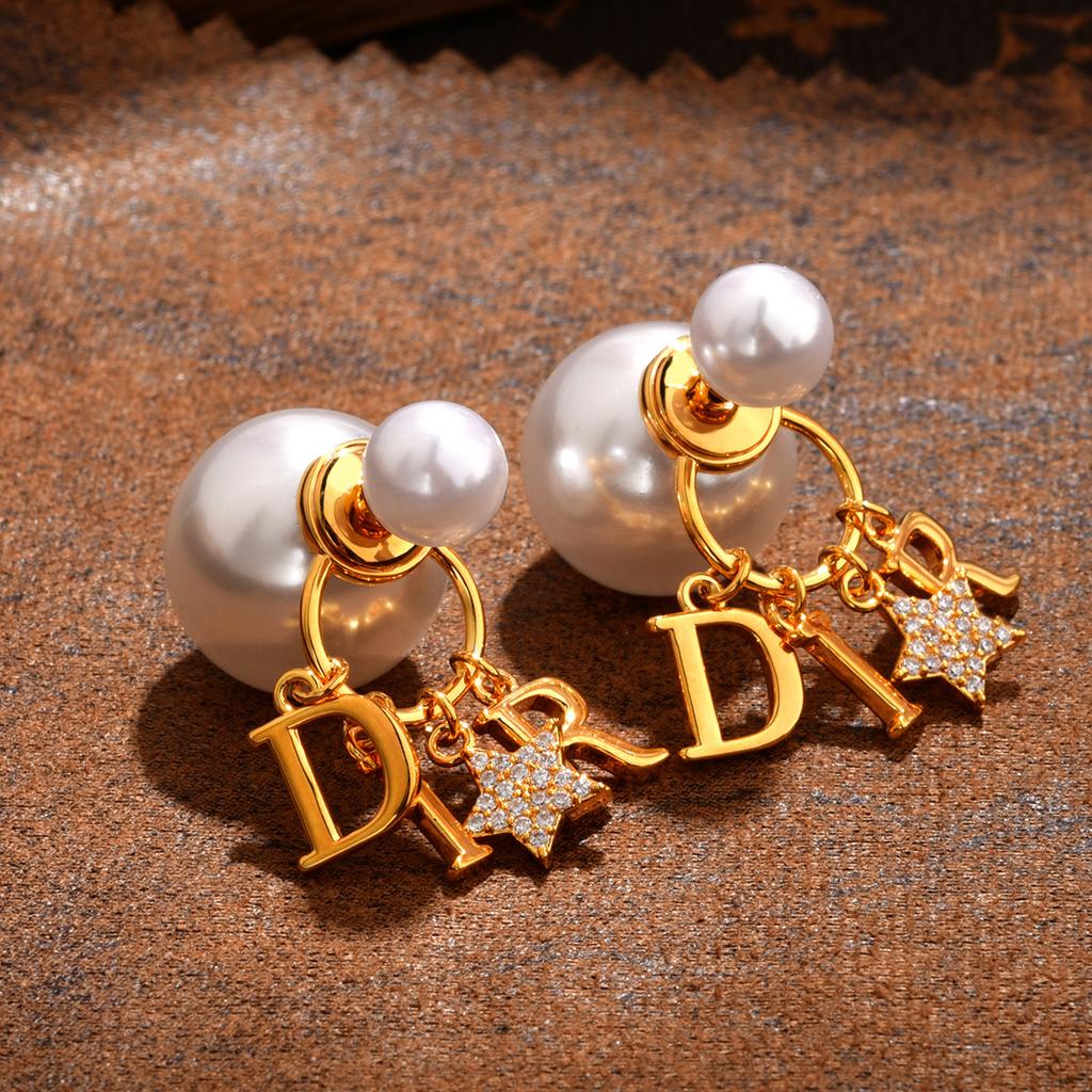 French Pearl Earrings, Full Diamond Letter Studs, Classic Statement Earrings, Luxury Jewelry