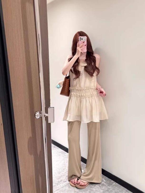 Lace Spliced A-Line Skirt & Camisole Pleated Dress - Slim-fit, Cinched Waist, Layered Vacation Style