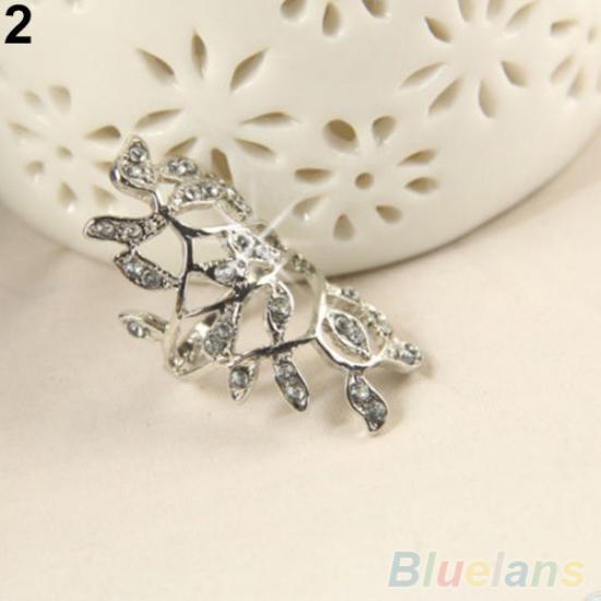 Women's Fashion Shiny Rhinestone Hollow Leaf Joint Armor Knuckle Ring Jewelry