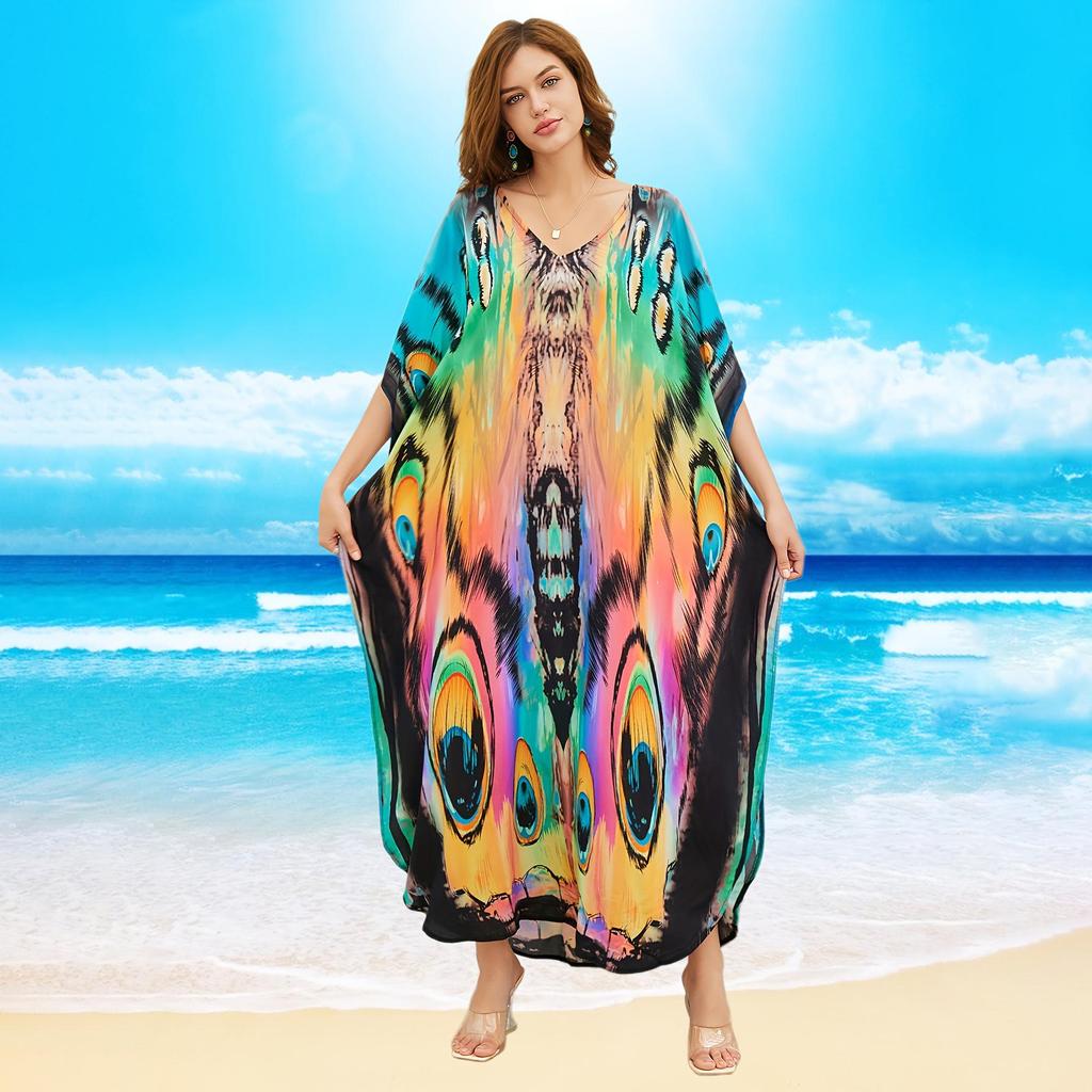 Kaftan Beach Dress Rayon Women Boho Colorful Printed Plus Size Maxi Summer Bathing Suit Cover Up