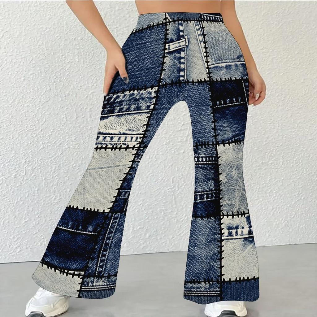 Kadın Günlük Yüksek Bel İspanyol Paça Pantolon, Geometrik Desenli Sokak Giyimi Çan Paça Pantolon