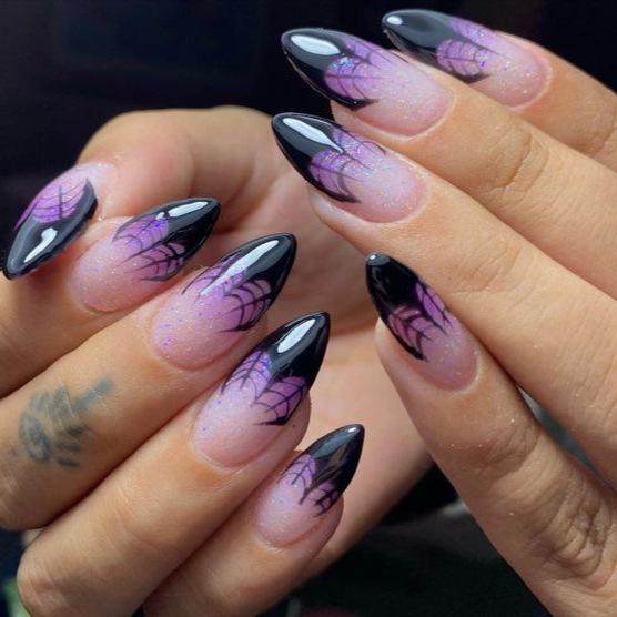 24 Pcs Black Long Almond Press On Nails Halloween Ghost Pumpkin Pattern Stiletto Fake Nail Tips