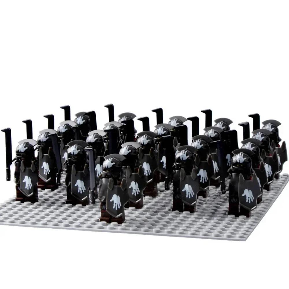 21Pcs/lot Dane Iron Feet Eomer Rohan Warriorr Vs Uruk Hai Army Figrues With Shield Sword Bow Spear Building Blocks Toys for Kids