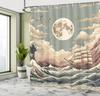 Nautical Shower Curtain, Pastel Ocean Scenery with Waves and Ship In Japanese Ethnic Style, Cloth Fabric Bathroom Decor Set with