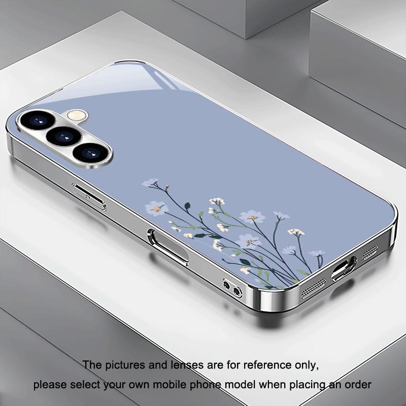 Light Blue and White Flower Glass Phone Case Suitable for Samsung Galaxy S26 S25 S24 S23 S22 S21 S20 FE/Ultra/Plus Anti Drop