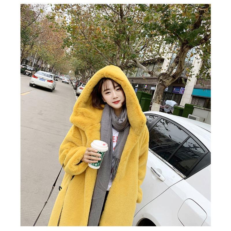 Autumn and Winter Thickened Imitation Rabbit Fur Long Hooded Loose Knee Jacket Women's Plush Coat Imitation Fur