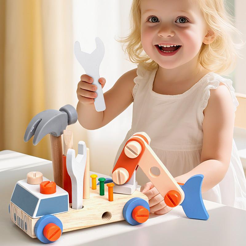 Wooden Childrens Nut Assembly Engineering Vehicle For Cognitive And Motor Skills