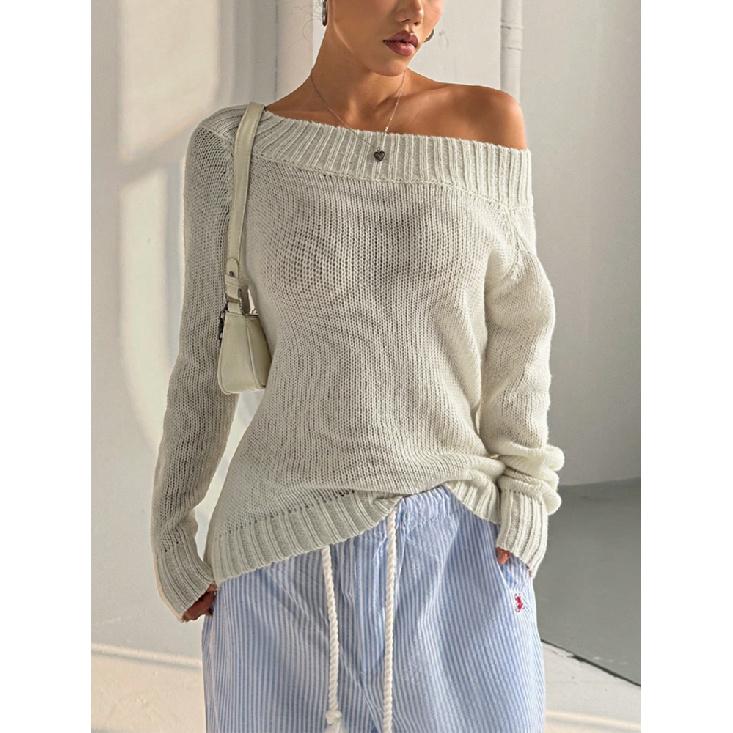 Podzimní pletený svetr pro ženy Módní svetry s dlouhým rukávem odhalující ramena Dámské zimní pleteniny odhalující ramena