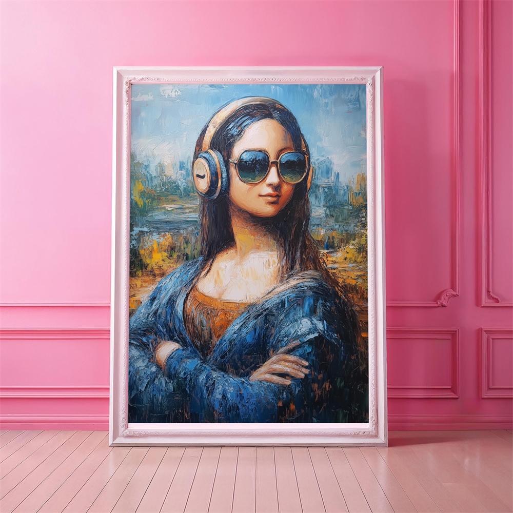 Modern Mona Lisa Art Print Poster Music Lover Wall Art Canvas Painting Headphones Sunglasses Funny Classic Art Poster