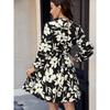 Women's Floral Print Long Sleeve Mini Dress Mock Neck Tie Waist Pleated A-Line Casual Dress for Daily Office Party