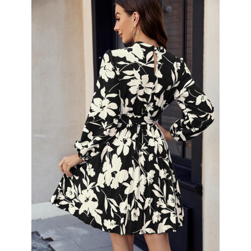 Women's Floral Print Long Sleeve Mini Dress Mock Neck Tie Waist Pleated A-Line Casual Dress for Daily Office Party