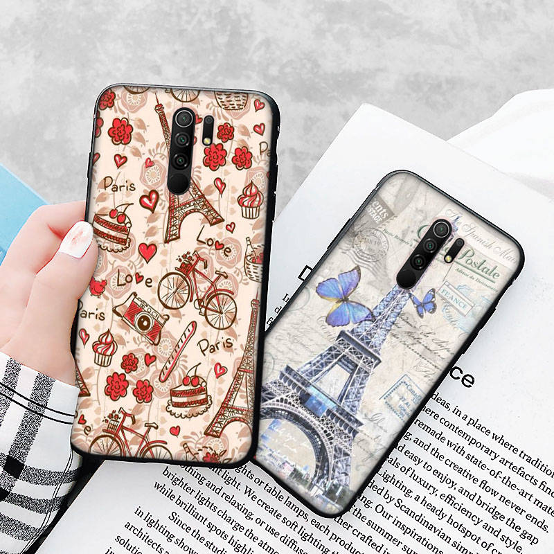 Black Case for Xiaomi Redmi 13C Note 9 iPhone XR 7 8 14 15 11 12 13 X XS Pro Max Samsung A25 S23 S24 FE Ultra Plus Eiffel Tower