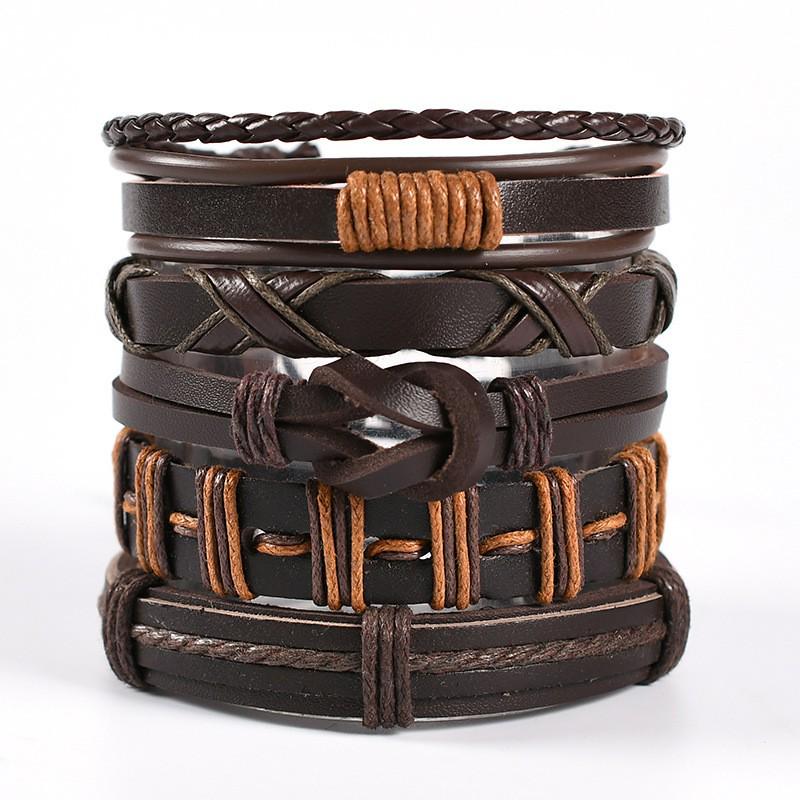 Men's Braided Leather Skull Bracelet Set with Multi-Layered Genuine Leather Bangle