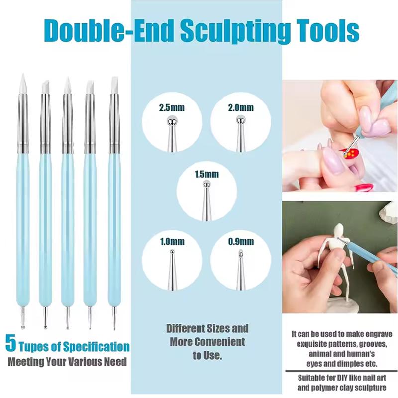5Pcs Soft Head Silicone Clay Sculpting Tools Set Pottery Carving Modeling Dotting Nail Art DIY Craft Tools Kit