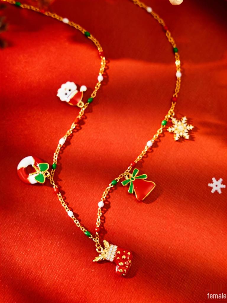 European & American Christmas Festival DIY Multi-Accessory Enamel Zirconia Necklace, 18K Gold-Plated Stainless Steel, Christmas Tree & Santa Styles.