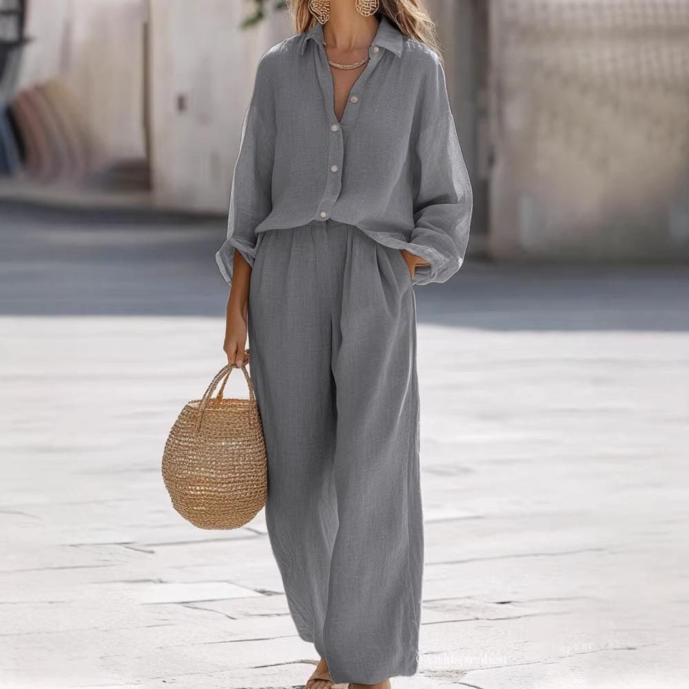 2 Pieces Women Sets Casual Lapel Long-sleeved Shirt+long Pants Cotton Linen Suit Sets Women's Clothing