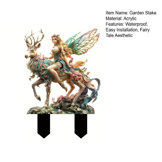 Fairy Deer Garden Stake, 2D Acrylic Fairy Tale Yard Art Stake, Forest Fairy Riding Deer Outdoor Decoration for Lawn Flower Bed Planter