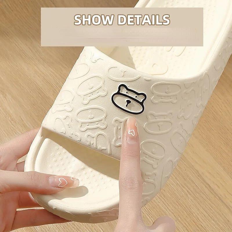 Bear Embossing Slippers Non-slip Silent Platform Women's Summer Indoor Home Shoes Couple Bath High-end Sense Men's Slippers