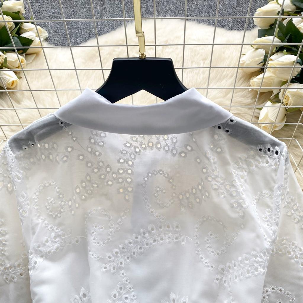 Sommer Frauen Elegante Drehen-unten Kragen Stickerei Blume Lange Midi Hemd Party Kleider