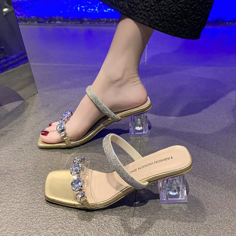 2024 New High-heeled Transparent Rhinestones, Wearing Cool Slippers for Women's Head, Sexy Versatile Large-size High Heels for Women
