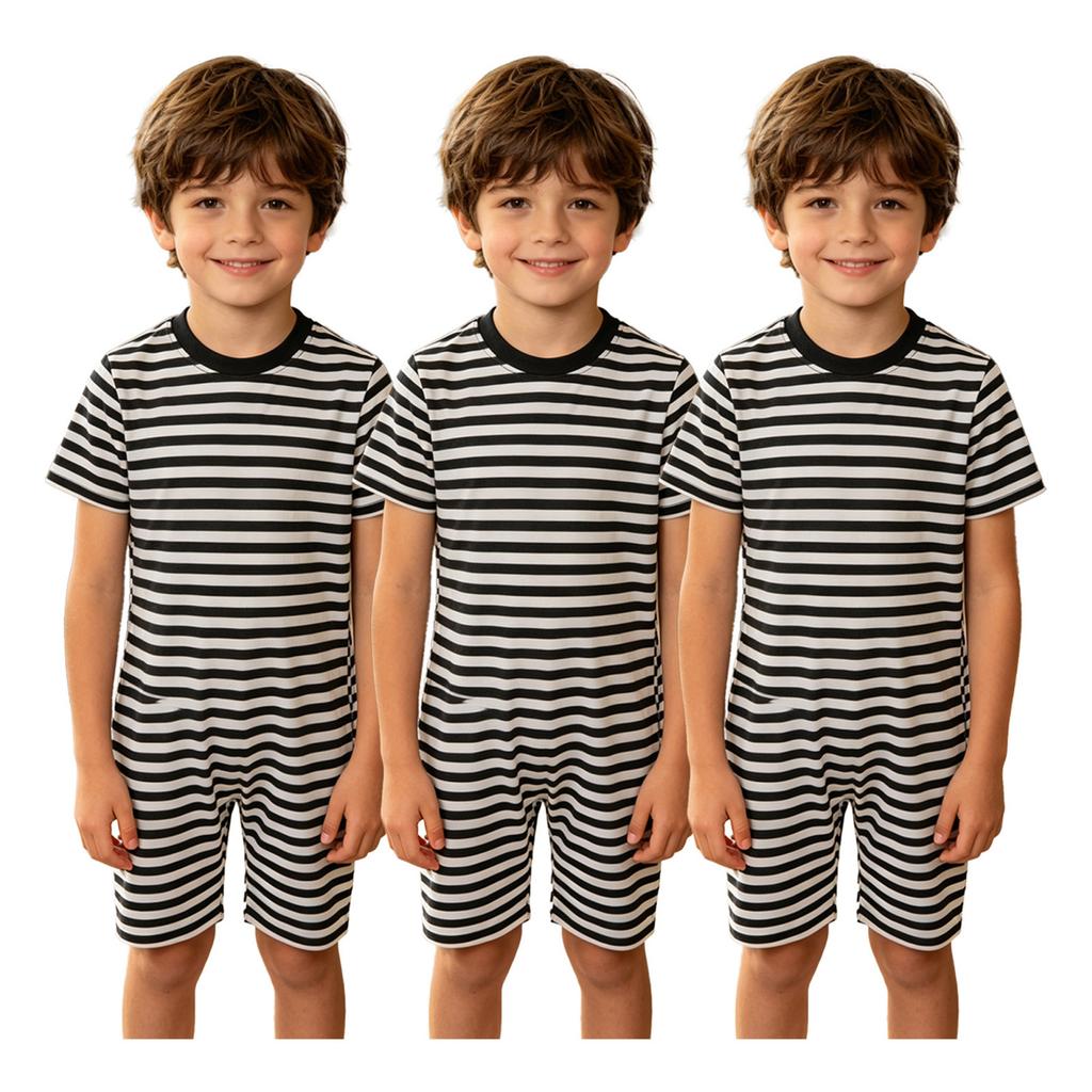 3 Piezas Mono Rayado Adaptativo para Niños Cuello Redondo Manga Corta Longitud hasta el Muslo Espalda Anti-Rayas Cremallera Invisible para Cuidado de Necesidades Especiales