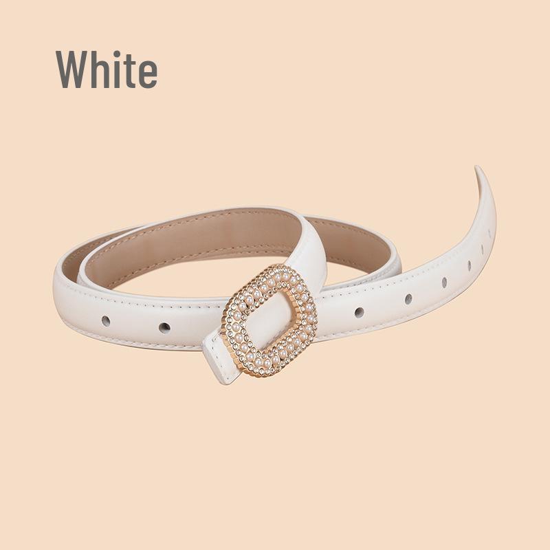 

Женский кожаный ремень с круглой пряжкой, инкрустированной жемчугом и стразами 105cm