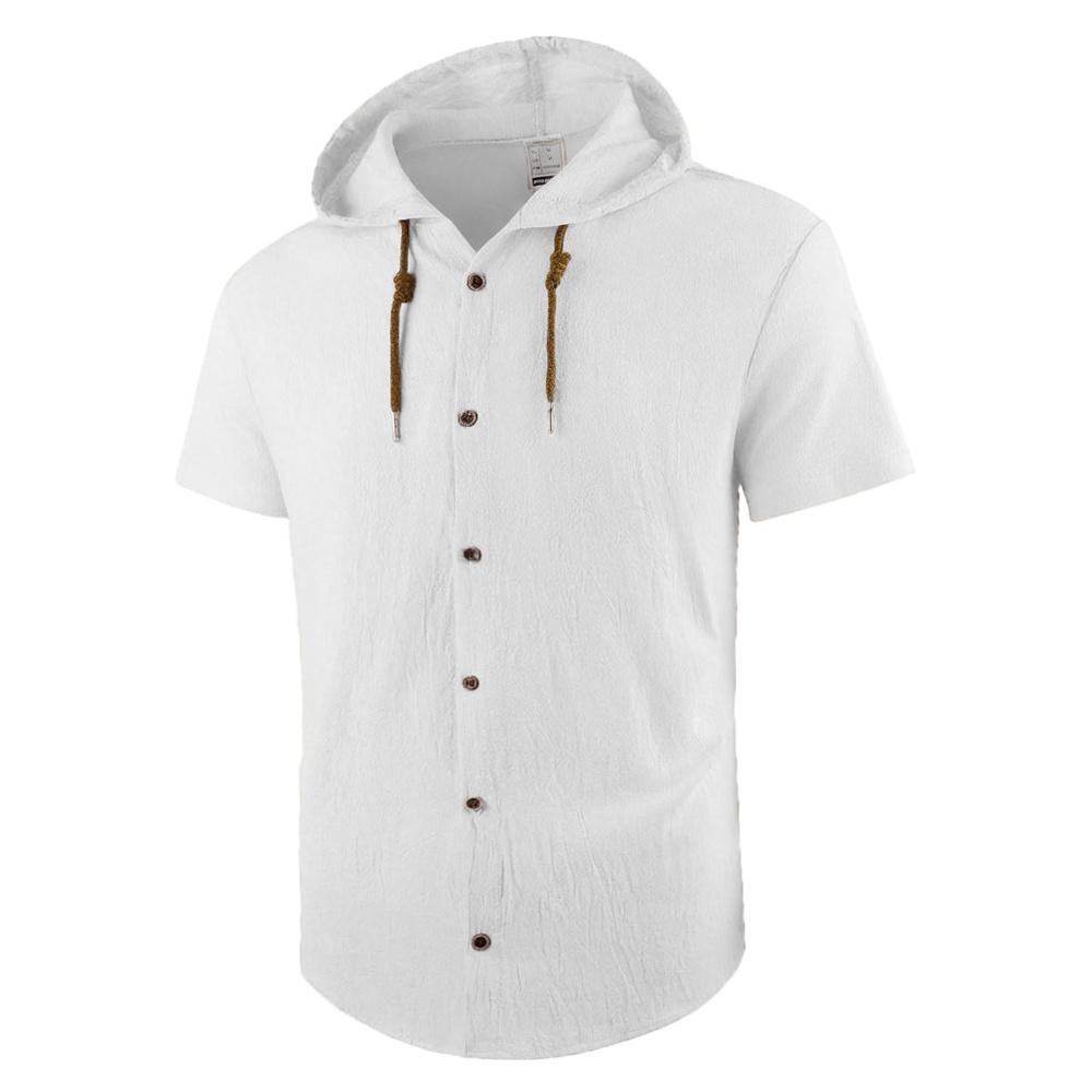 Men's Cotton Linen Shirt Hooded Stylish Top Breathable Lightweight Simple Style Claasic Shirts Single Breasted Male Fashion Tees