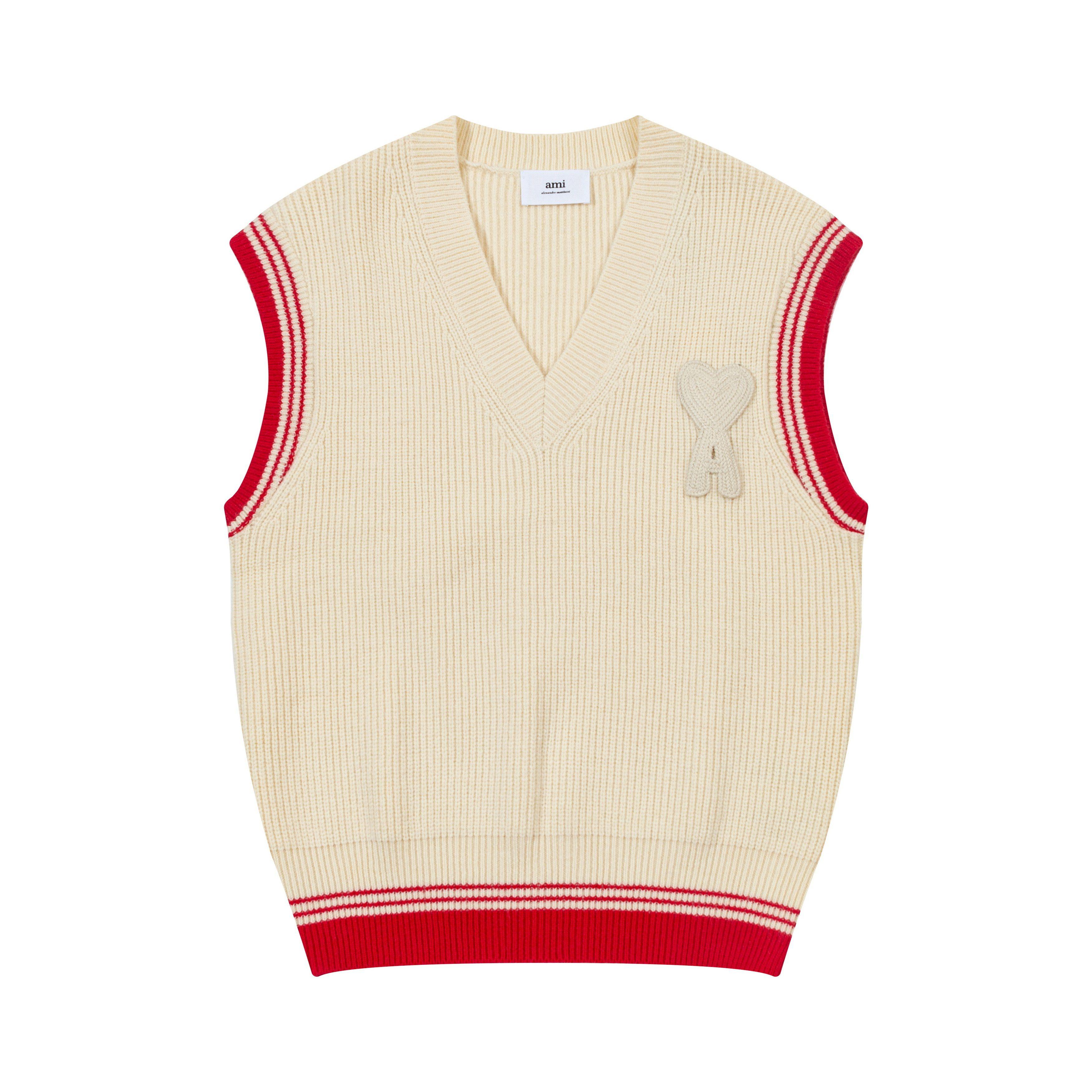 

AMI New Autumn and Winter Knitted Striped V-neck Pullover Vest with Heart-shaped Text Logo Knitted Sheep Sweater Base Vest XL