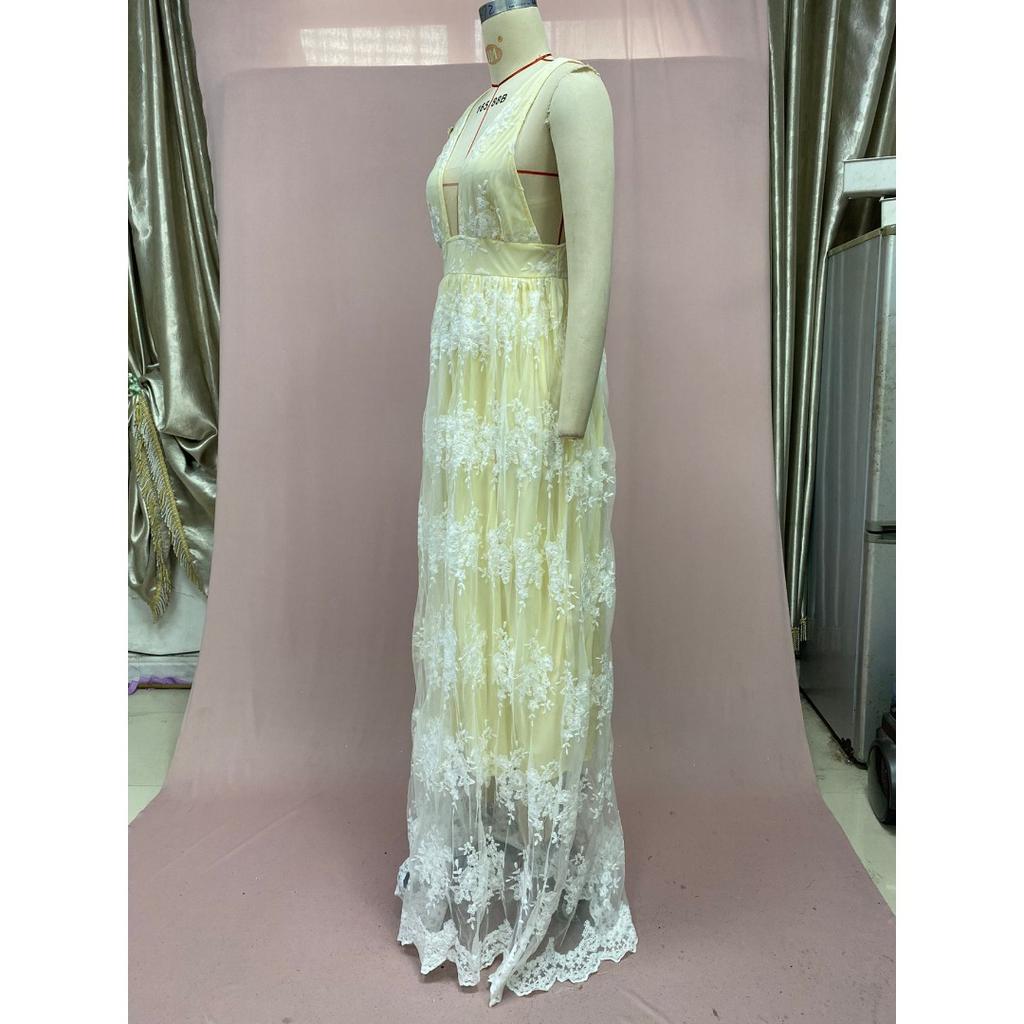 Women's Summer New Sheer Mesh Backless Dress - Deep V Neck Lace Long Gown with Spaghetti Straps, Elegant Evening Dress