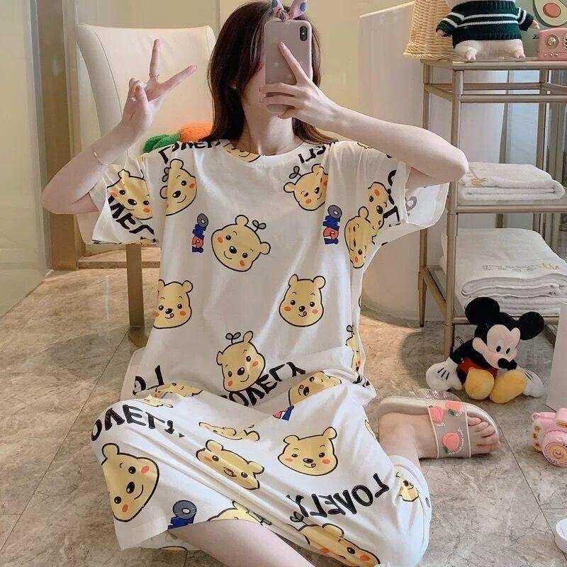 Girls' Summer, Spring and Autumn Short-sleeved Home Wear with Cute Cartoon Designs and Loose Style Pajamas and Nightgowns