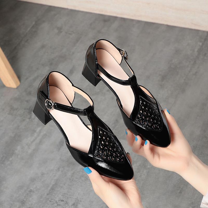 Fashion Baotou Sandals For Women In Summer 5cm Pointed Toe Woven Hollow Shallow Mouth T-Buckle Thick Heel Commuting Single Shoes Fashion